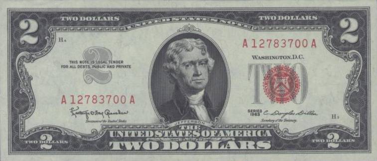 2 доллара 1963 г. красная печать (США)
