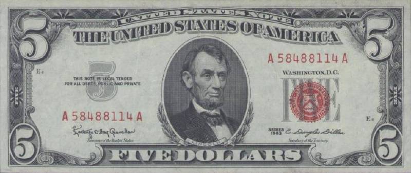 5 долларов 1963 г. красная печать (США)