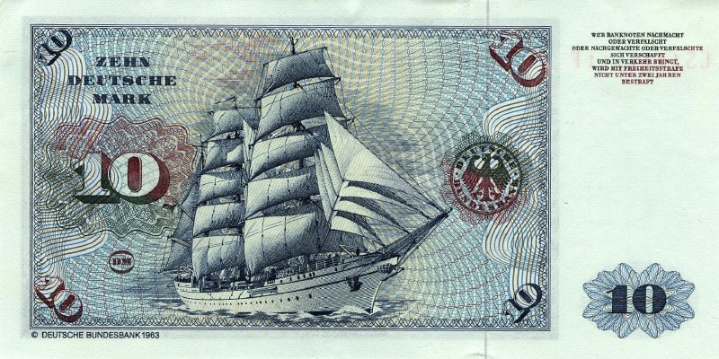 10 немецких марок 1970 г., 1977 г., 1980 г. (Германия).