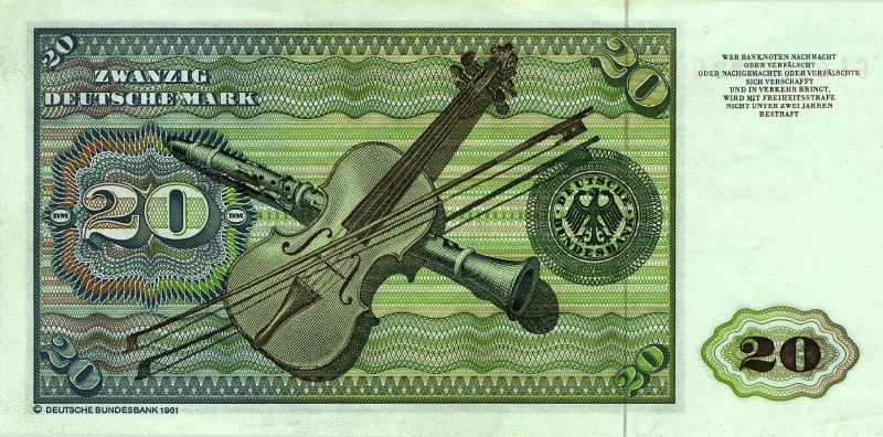 20 немецких марок 1970 г., 1977 г., 1980 г. (Германия).