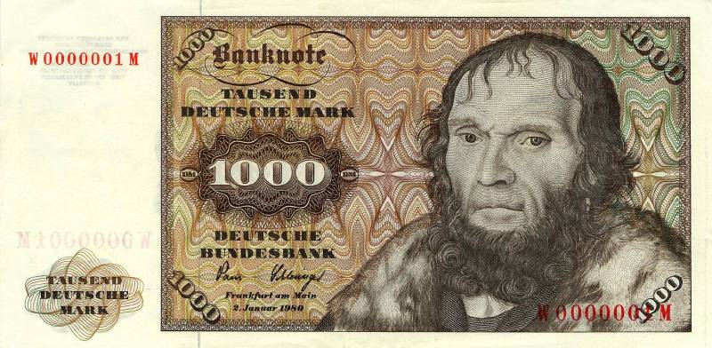 1000 немецких марок 1977 г., 1980 г. (Германия).
