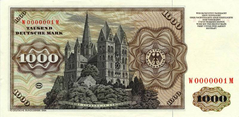 1000 немецких марок 1977 г., 1980 г. (Германия).