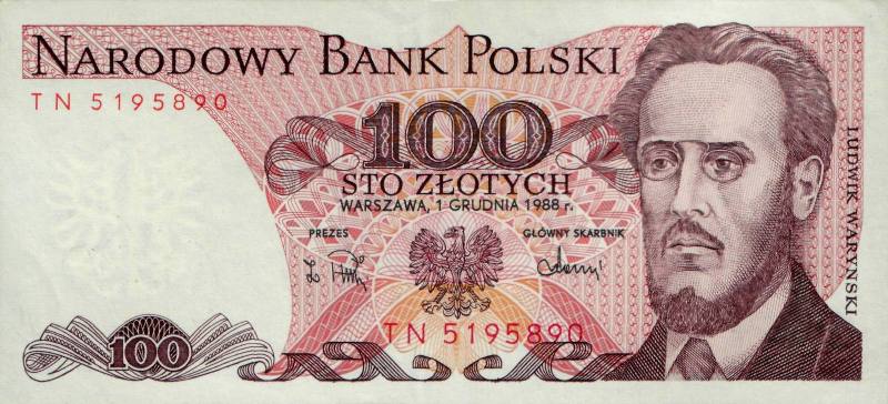 100 злотых 1975 г., 1976 г., 1979 г., 1982 г., 1986 г., 1988 г. (Польша).