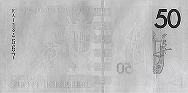 Банкнота 50 рублей 2020 года в ИК спектре. Реверс.