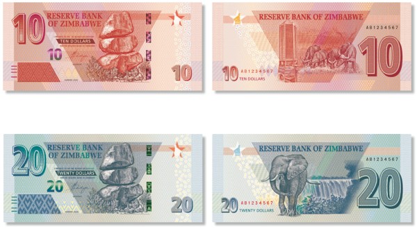 Зимбабве 10 и 20 долларов 2020 года.