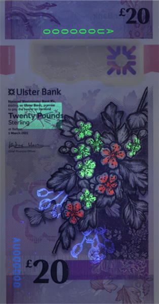 Ulster Bank 20 фунтов 2021 года. Аверс. UV.
