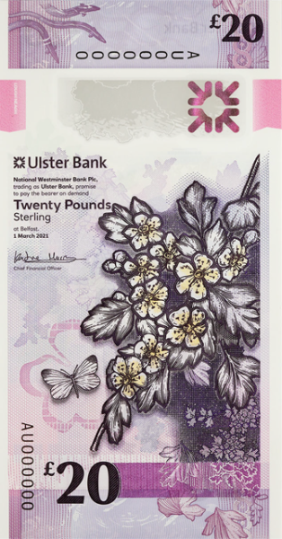 Ulster Bank 20 фунтов 2021 (2020) года. Аверс.