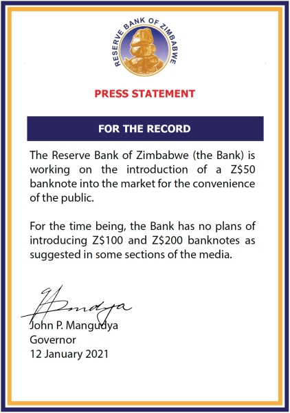 Zimbabwe Press Statement 2021.01.21 50 dollars 2021
